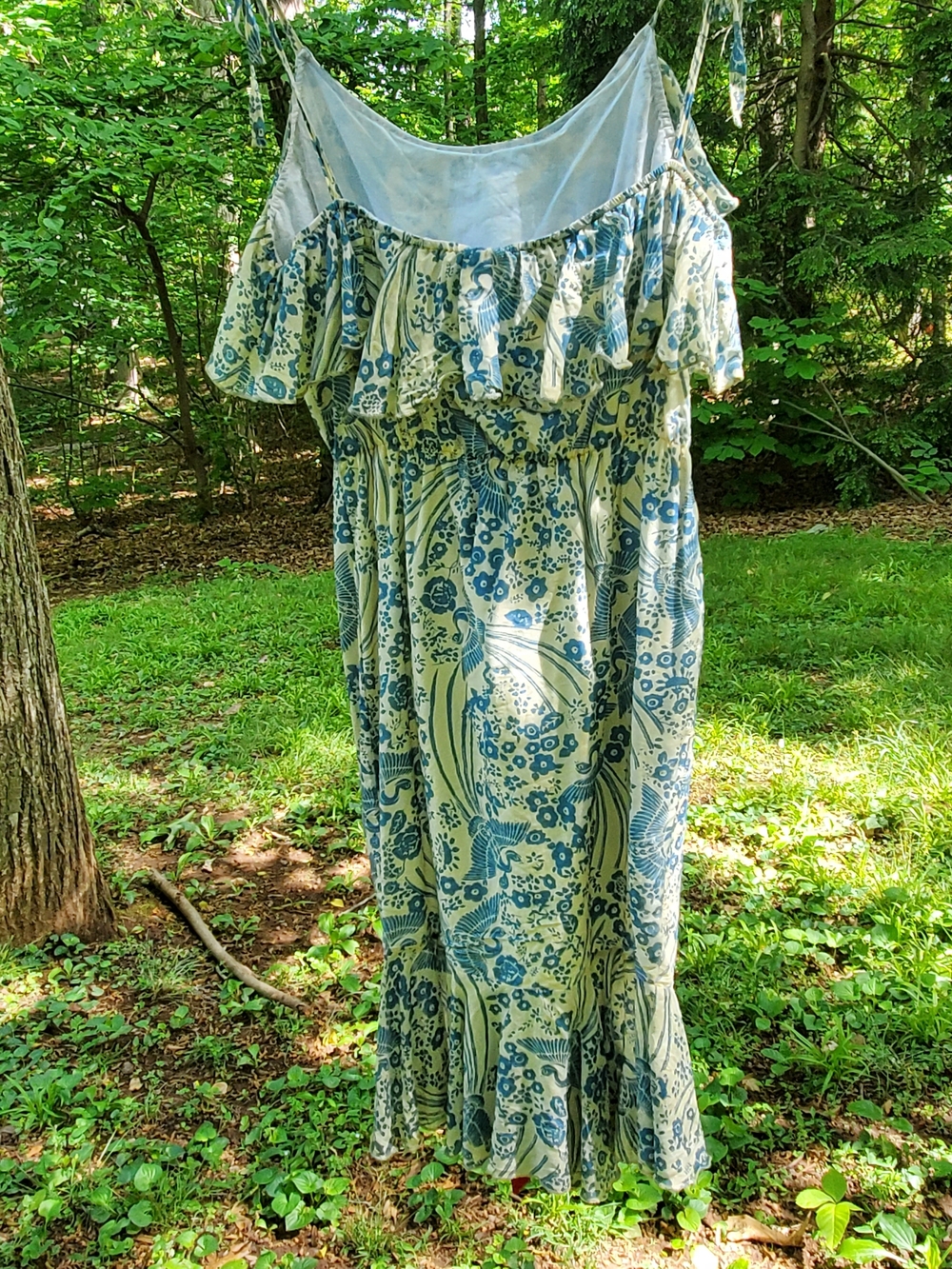 ANTHROPOLOGIE Midi Sundress Flutter Neckline Floral A-Line Ruffle Blue & Cream - Picture 13 of 15